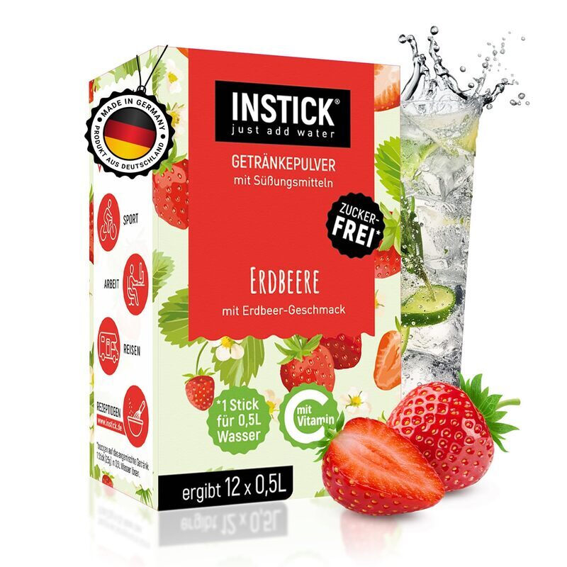 INSTICK Zuckerfreies Instant-Getränk (Erdbeere) - 1 Packung für 12 x 0,5-1 L - Veganes Getränkepulver Kalorienarm & Vitamin C - Instant-Pulver