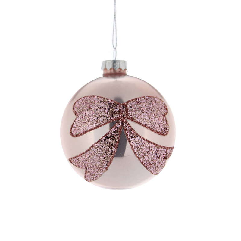 Festive Christmas Glitter Bow Pale Pink Glass Ball Ornament - 8cm Holiday Tree Decoration for Seasonal Party