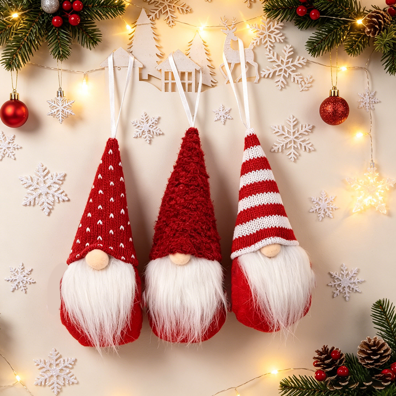 Yuejia 3 Stück 6,29 in / 16 cm hängende Weihnachtszwergen-Ornamente, schwedischer handgemachter Plüsch-Elf mit Schnüren für Weihnachtsbaum, Feiertags-Heimdekoration