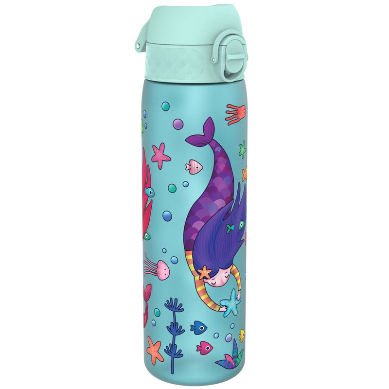 ION8 waterfles, 500 ml/18 oz, slank, lekvrij & BPA-vrij, veilige vergrendeling voorkomt morsen, vaatwasserbestendig, draaggreep, ideaal voor volwassenen en kinderen - reizen, sportschool & school, zeemeerminnenontwerp