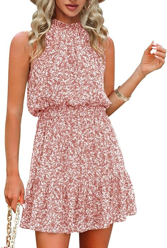 Women's Halter Dresses Summer Boho Floral Sundress 2024 Casual Sleeveless Beach Short