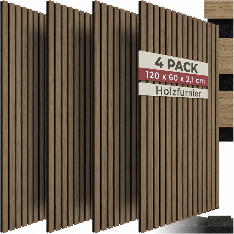 Premium Dunkle Walnuss 3D Holzlamellen Akustikpaneele (4er-Set) | Umweltfreundliche Schallabsorbierende Wandkunst | Geräuschreduzierung & Echokontrolle für Home-Office & Studio