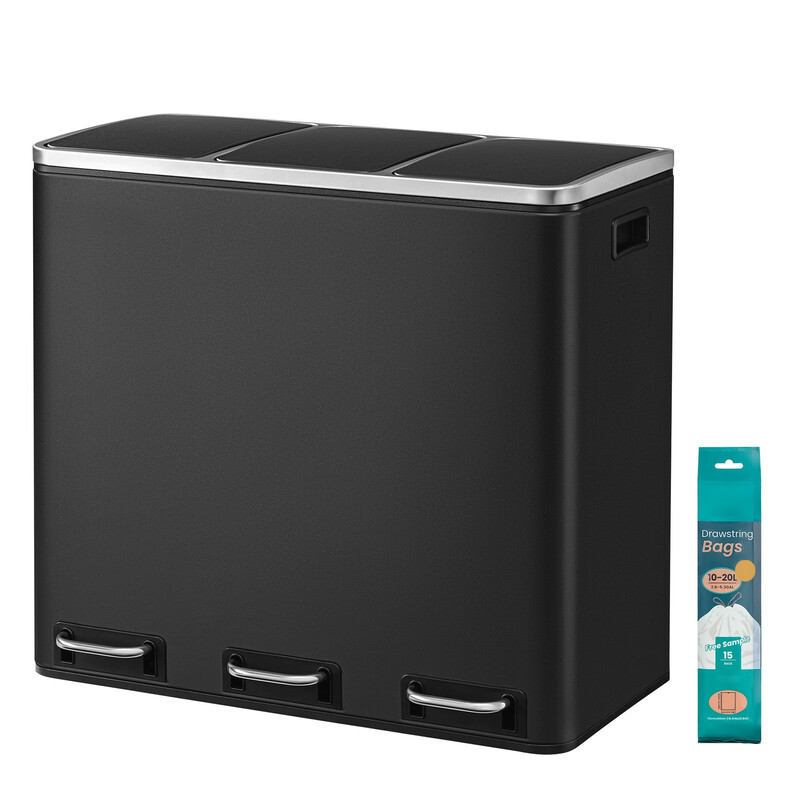 JOYFURNOS Drievoudige prullenbak, 3 x 18 L pedaalemmer met softclose deksels, Staal, Voor keuken, Zwart