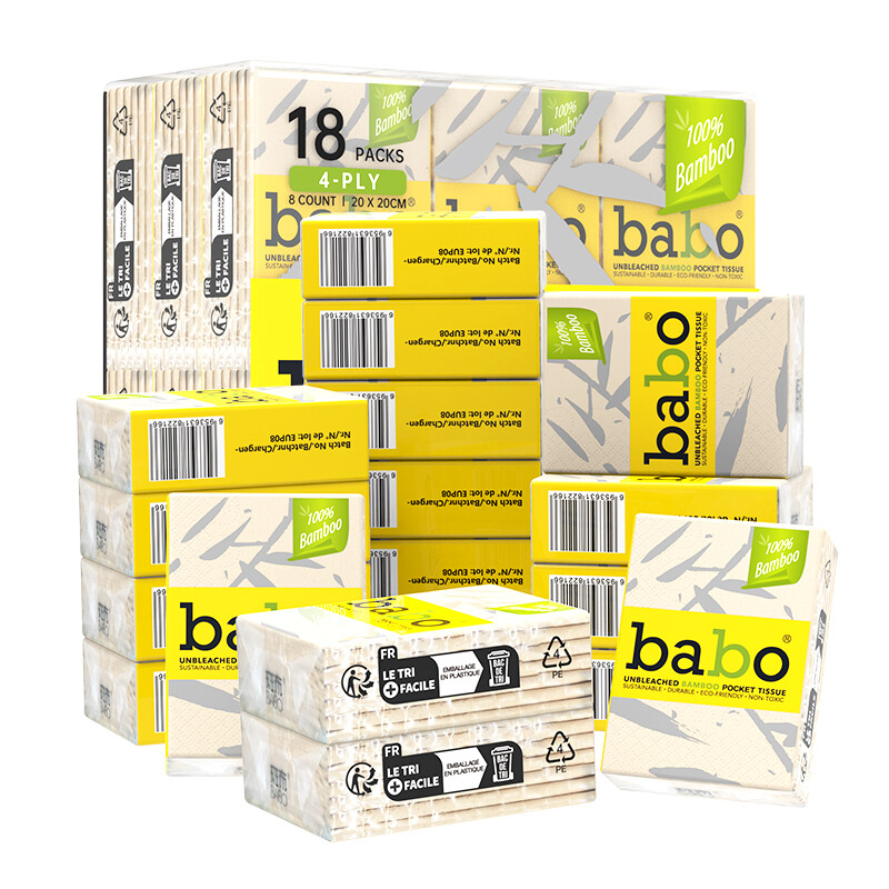 Babo Facial Tissues, 4-Ply, 8 Sheets, 18 Packs