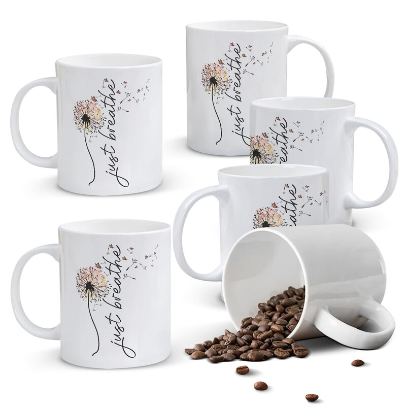 1pc 11oz White Mug with Dandelion Transforming into Butterflies and "just breathe" Qu