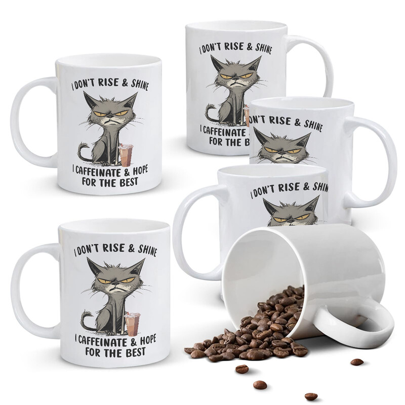 1pc 11oz White Mug with "I Don't Rise & Shine, I Caffeinate" Quote & Grumpy Cat, Humo
