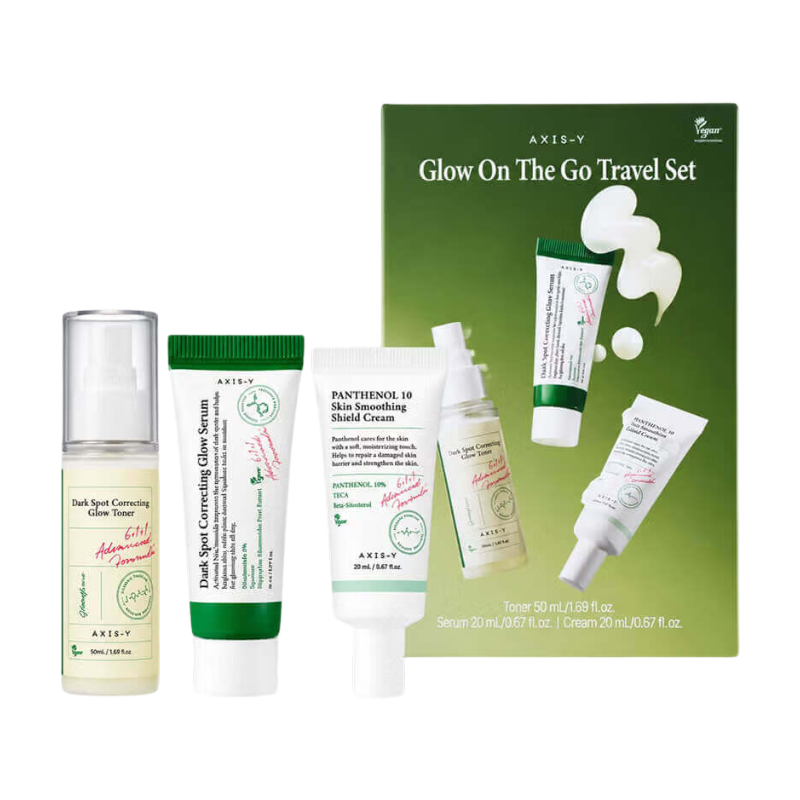 Glow on the Go Reisset (Donkere Vlekken Corrigerende Glow Toner 50 ml + Donkere Vlekken Corrigerende Glow Serum 20 ml + Panthenol 10 Huidgladmakende Shield Crème 20 ml)