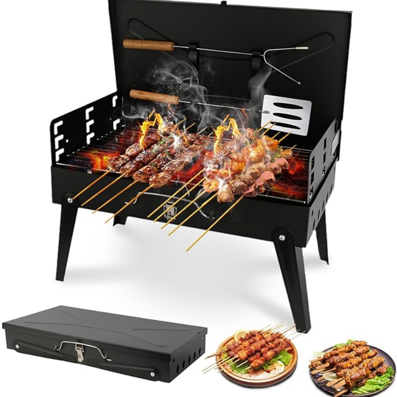 Outdoor folding barbecue grill with built-in barbecue toolbox style grill, barbecue r