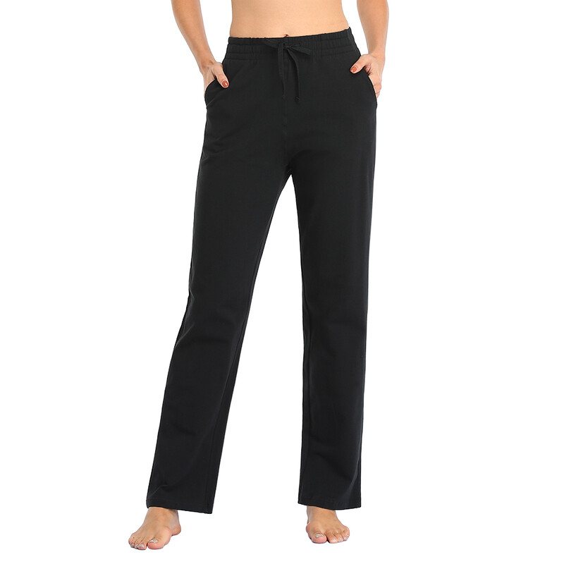 Women's Cotton Sweatpants Open Bottom Yoga Sports Straight Leg Pants with Pockets Bla