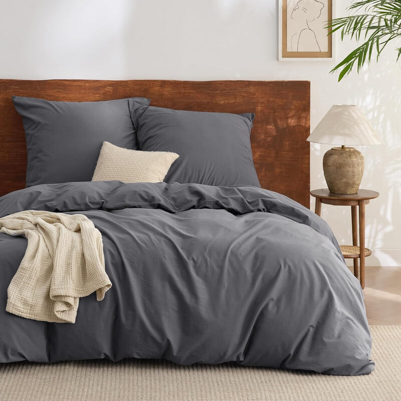 Bettwäsche 155x220 Baumwolle 3teilig - Bettwäsche-Sets Anthrazit Bettbezug mit 2 Kissenbezüge 80x80 cm, Ähnliche Textur wie Washed Leinen, Oeko-TEX Bedding Grau mit Reißverschluss