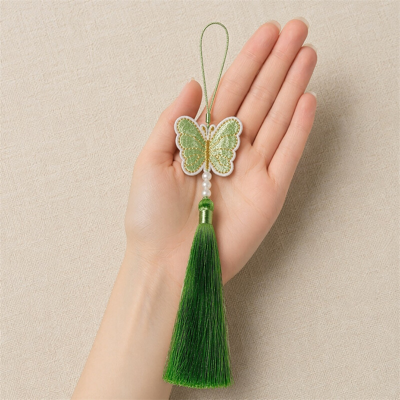 Huacan Chinese style embroidery butterfly tassel gradient daily travel cheongsam half skirt handmade hanging decoration green 1PC