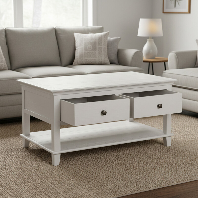 Coffee Table Provence 2 Drawers Rustic Pine White