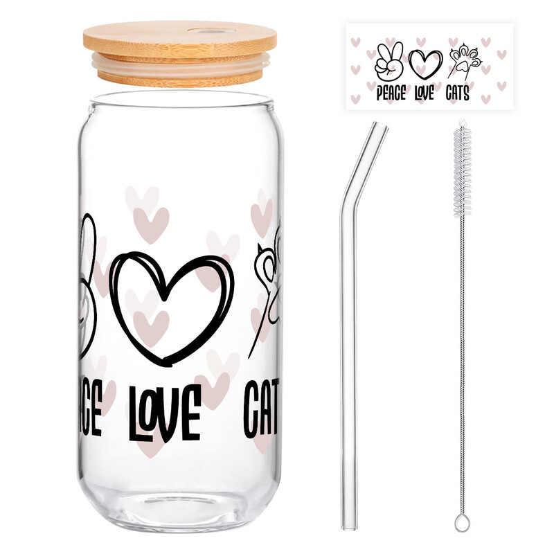 1pc Love Cat Glass Jar, 500ml Valentine‘s Day Gift for Cat Lovers, with Peace Sign &