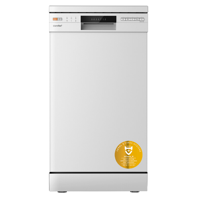 Comfee' CDWEF1034BW freistehender Geschirrspüler mit 10 Maßgedecken, Startzeitvorwahl, Halbprogramm, flexible Einlegeböden – Weiß [Energieeffizienzklasse E]