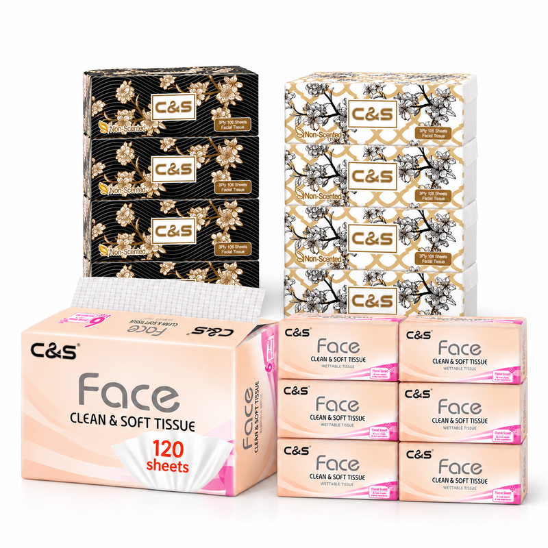 C&S selectie gezichtstissues - C&S zwarte doos tissues 424 vellen (4 dozen)*1 + C&S doos tissues 424 vellen (4 dozen)*1 + C&S bloementissues 720 vellen (120*6)*1