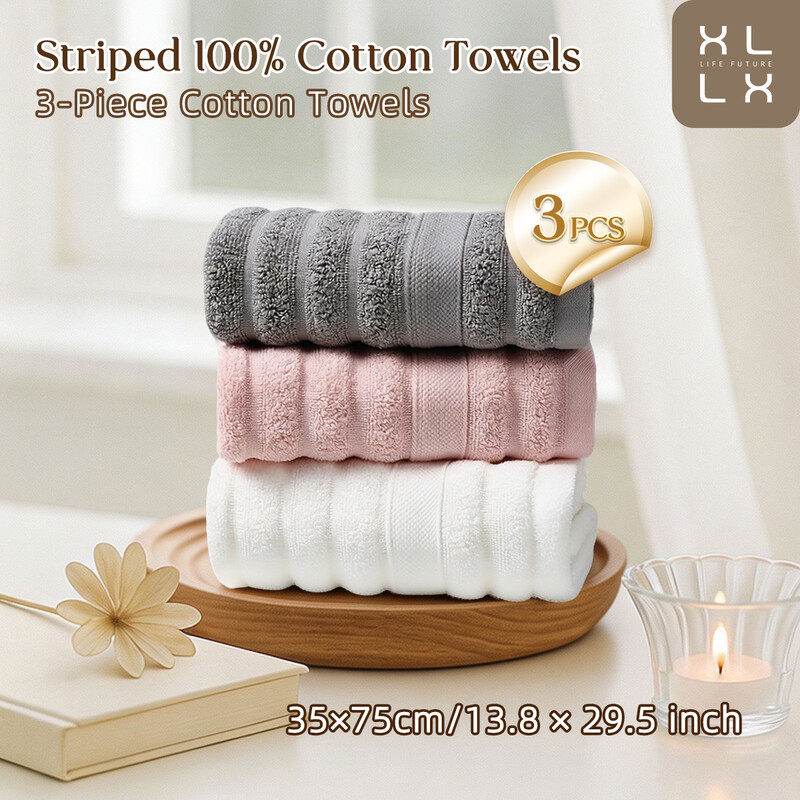XLLX 3-teiliges Handtuch-Set, 100 % Baumwolle, Saugfähig und weich, 3 x Handtücher (35 x 75 cm), Geripptes gestreiftes Design, Weiß/Pink/Grau