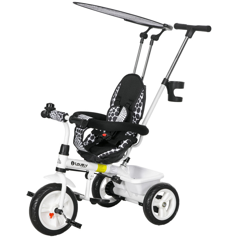 Homcom 370-025V01wt Trike, 6 In 1 Tricycle For Kids, Baby Trike With Push Handle, Removable Canopy, 5-Point Seat Harness, Storage Basket, For 18Months -5 Years, White