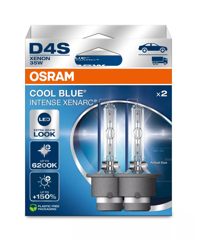OSRAM XENARC® COOL BLUE® INTENSE D4S, +150% meer licht, tot 6.200K, xenon koplamp, LED-look, 2 lampen