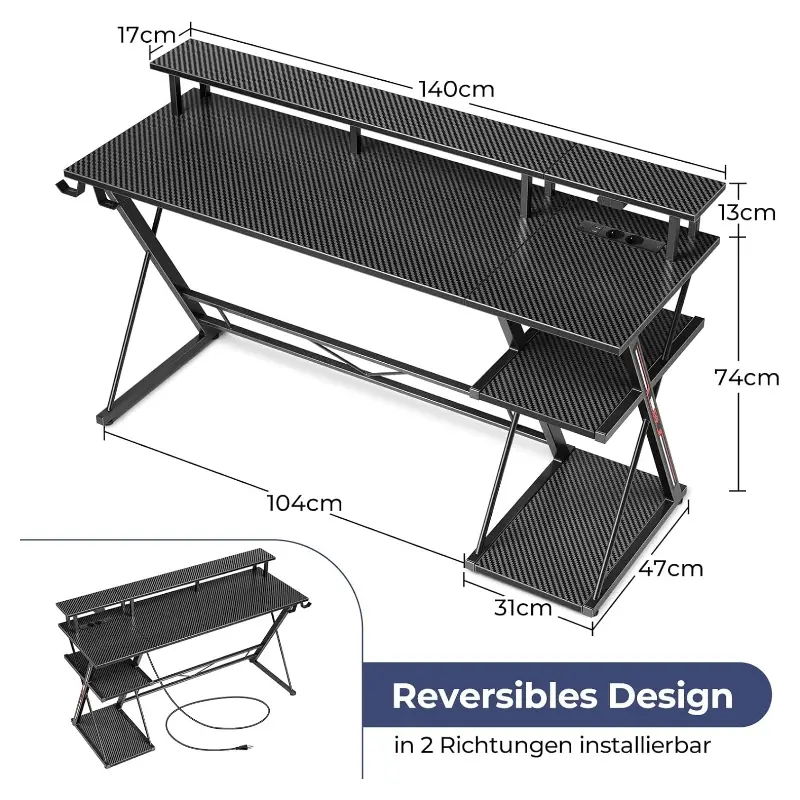 Seven Warrior recht gamebureau met CPU-houder - 140 cm - koolstofvezelzwart