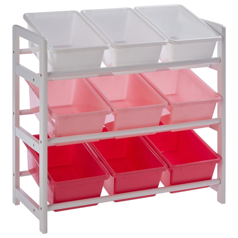 Storage Unit 3 Shelf 9 Boxes Pink/White