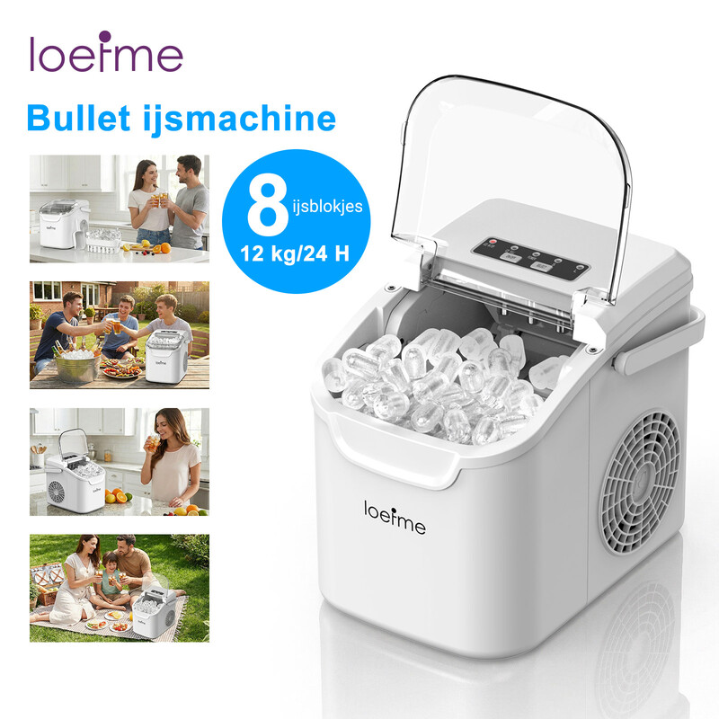 LOEFME ijsmachine, kogelijsblokjes, 12/Q, ijsproductiecapaciteit 12 kg/24 h, maakt 9 ijsblokjes elke 6-13 minuten, twee ijsblokjesformaten S/L, automatische reinigingsfunctie, 0.8 L watertank, wit, Europese standaard.