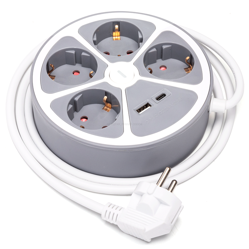 Aigostar Steckdosenleiste mit Kabel/Deutscher 4-fach/3G1,0 mm2/1,5 m/USB(1A1C)/Mit Schalter/Scheibenform/Weiß und Grau/PP