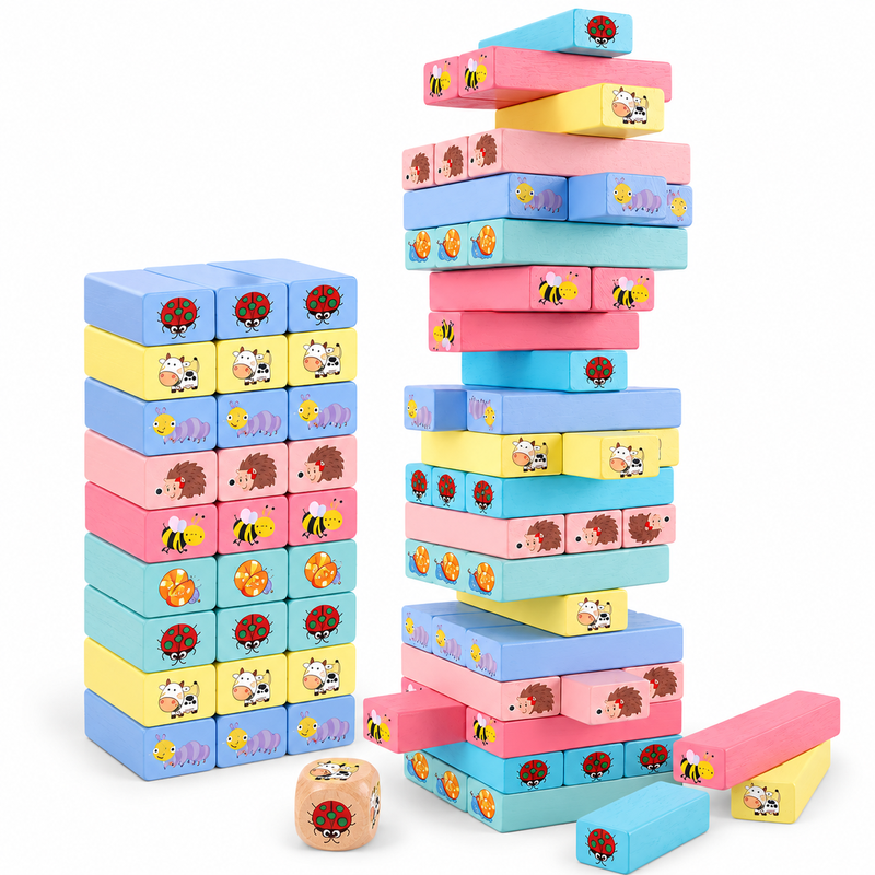 Holz-Stapelblöcke Spiel 51-teilig bunte Tiermotive mit Würfel für Kinder