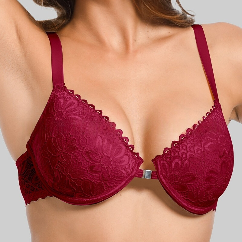 Women's Sexy Lace Backless Front Closure Push Up Bra Red 75D