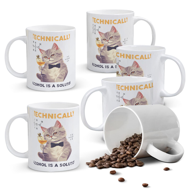 1pc 11oz White Mug with "TECHNICALLY ALCOHOL IS A SOLUTION" Chemistry Pun & Tuxedo Ca