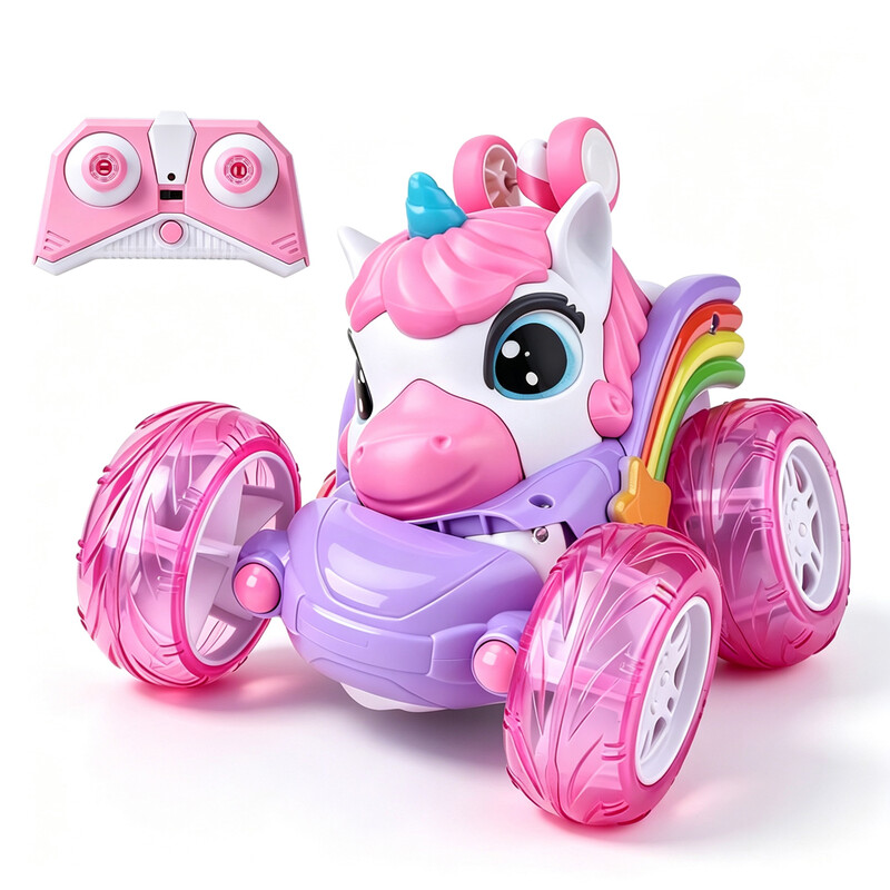 Unicorn RC Stunt Car Toy for Girls, Remote Control Flip 360° Rotating Stunt Vehicle with Glowing LED Light Wheels, USB Rechargeable Cute Rainbow Unicorn RC Car Toy Gift for Kids