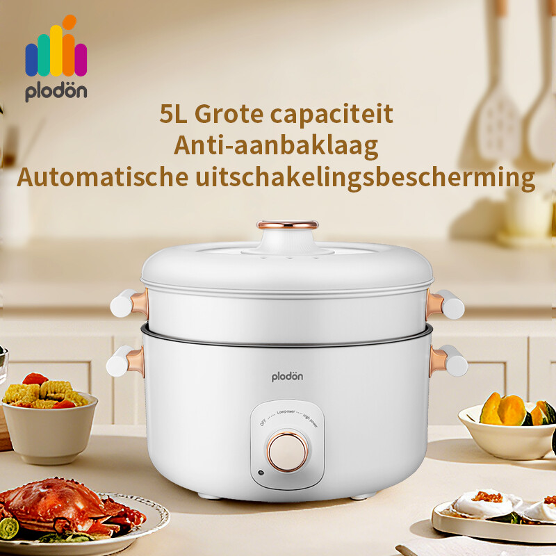 Plodon 1200W 5L Multifunctionele Elektrische Hotpot met Stoomkoker Antiaanbak Kookpan Slowcooker met Dubbele Vermogensregeling voor Stoven, Stomen, Hotpot, Bakken & Sudderen Snelkoken