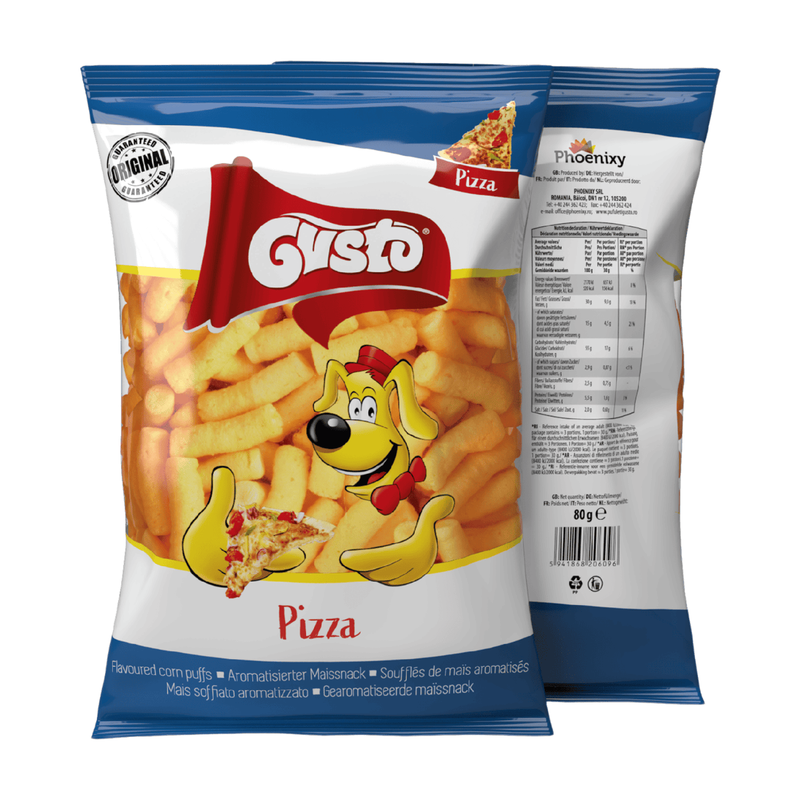 Gusto pizza-maïspuffs – hartige maïssnack met pizzasmaak (80 g)