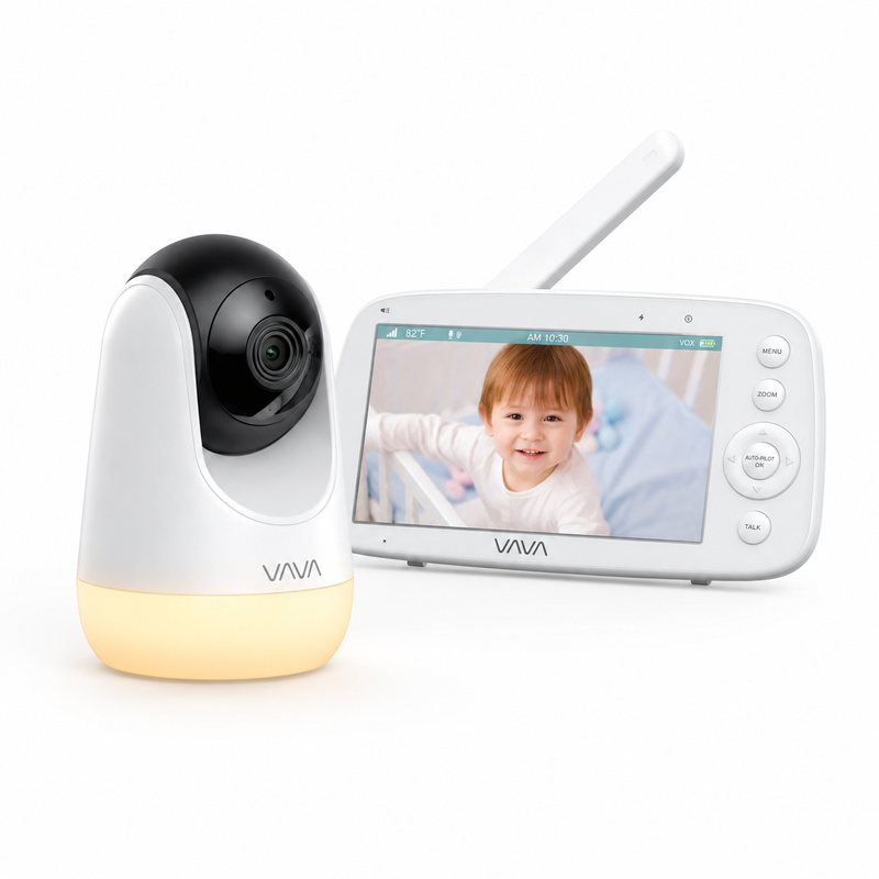 VAVA VA-IH006 PRO Babyphone mit Kamera, 5-Zoll-720p-HD-Display, ohne WLAN, bis zu 24 Std. Audiomodus, Nachtsicht, Gegensprechfunktion, Nachtlicht, 300 m Reichweite