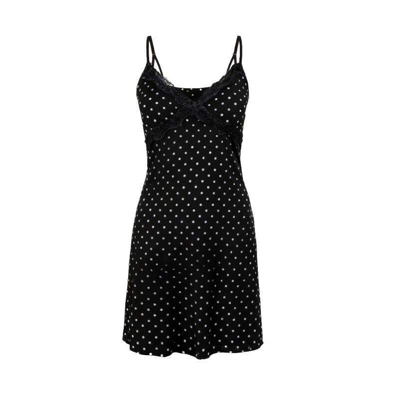 narrow lace v-neck black polka dot suspender dress L