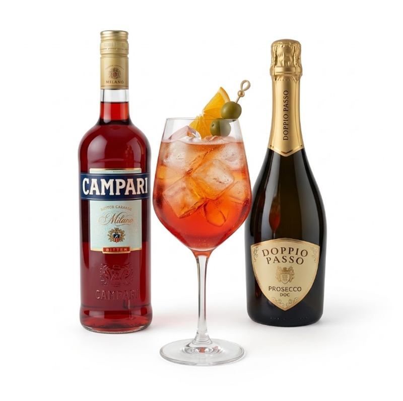 Vorteilspack Campari Bitter Aperitif 0,7 L + Doppio Passo Prosecco Doc Spumante Extra Dry Schaumwein 0,75 L