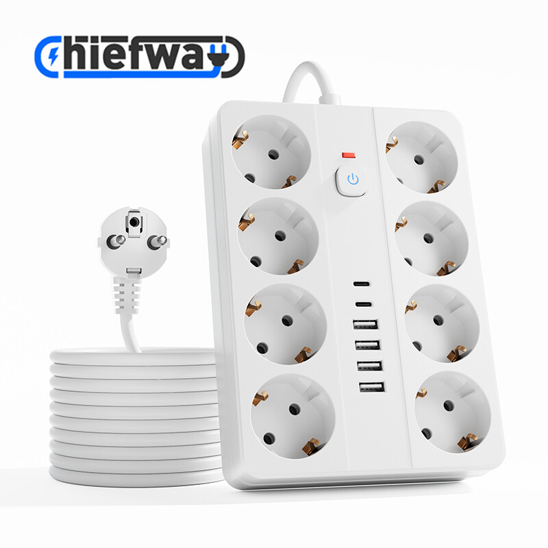 14-in-1 stekkerdoos, met 8 AC-stopcontacten, 4 USB-A-poorten, 2 Type C-poorten, stopcontactverlengkabel met schakelaar, 2500 W MAX wit/3 m snoer