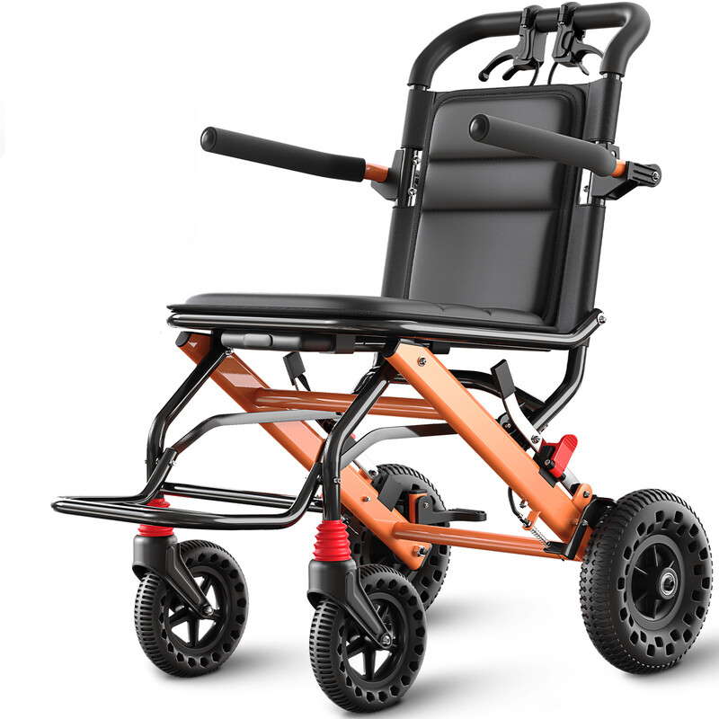 Orange Rollstuhl Faltbarer Tragbarer Reise-Schaukelstuhl für Senioren, Manueller Rollstuhl mit 6/8 Zoll Rädern und 40 cm Sitzbreite