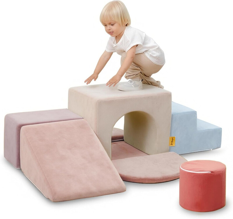 BanaSuper Foam Climbing Blocks for Children, Foam Building Blocks XXL, EN71 Certified & Non-Slip, Kids Montessori Toy, Washable Case for Indoor Fun, Baby Soft Playset, Baby Blue Pink