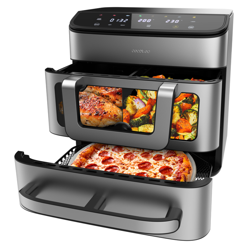 Cecotec Cecofry FoodCourt 18000 4Pizza Heißluftfritteuse 18 Liter, 2700 W, Backofen 30 cm, Max. Temperatur 230 °C, 9-Liter-Teiler und 200 °C, Sync-Funktion, Pizzastein, Farbdisplay, Edelstahl