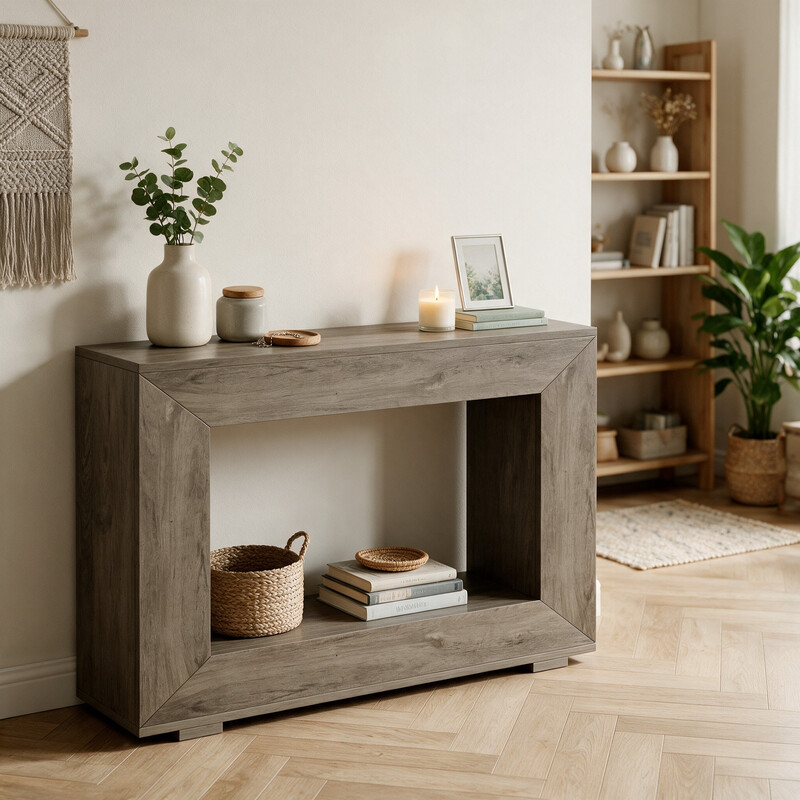 Konsolentisch im Landhausstil, 119 cm, Rustikaler Holztisch für Eingangsbereich oder Sofa, Mit Stauraum
