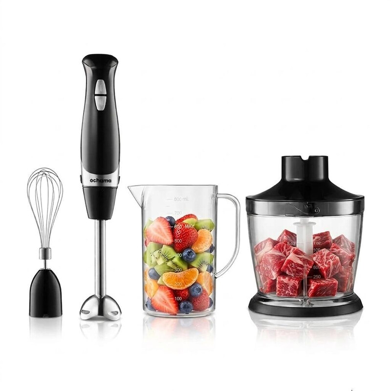 Ochama 600W 4-in-1 Immersion Hand Blender Set with Whisk & Meat Grinder for Purees, Baby Food, Soups - Includes 500ml Chopper & 800ml Beaker
