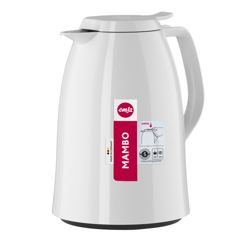 EMSA 517004 MAMBO Isolierkanne | 1,0 L | Hochglänzend Weiß | 100 % Dicht | Hält 12h Heiß/24 h kalt