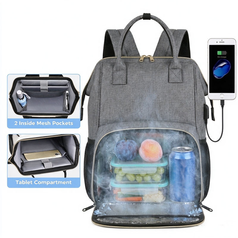 Sommer-Kühltasche Damen und Herren isolierter Lunch-Rucksack, 15,6-Zoll-Laptop und Reisetasche mit USB-Anschluss, Wasserdicht für Herren, College und Business, Grau