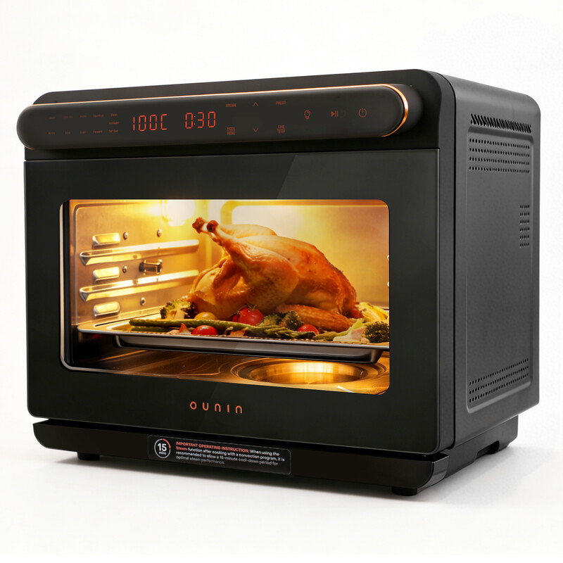 OUNIN 24L Dampf-Kombi-Ofen, 10-in-1-Heißluftfritteusen-Ofen für die Arbeitsplatte mit Dampfbacken, Dampfbraten, Drehspieß, 1-Liter-Wassertank und Innenraum aus Edelstahl (Typ 304)