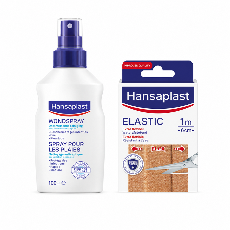Hansaplast Wondverzorgingsset – Wondspray 100 ml + Elastische Pleisters 1 m x 6 cm