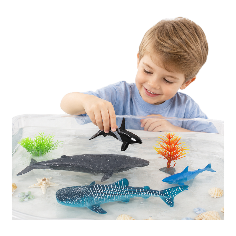 Ozean-Tiere Spielset von PLAY FIGURES mit 4 Meerestierfiguren und 2 Ozeanpflanzen-Zubehör, 6-teiliges Spielfiguren-Set für Kinder.