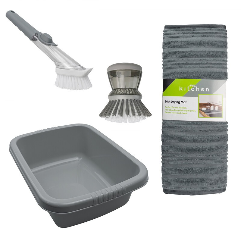 JVL Grey Washing Up Bowl, Sesha Dish Drying Mat & Soap Dispensing Brush Bundle