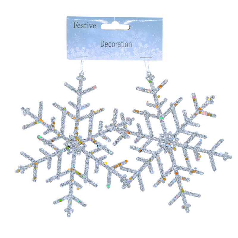 Festive Christmas Silver Glitter Snowflake Decorations - Festive Pack Of 2 X 15Cm For Holiday Tree Ornament