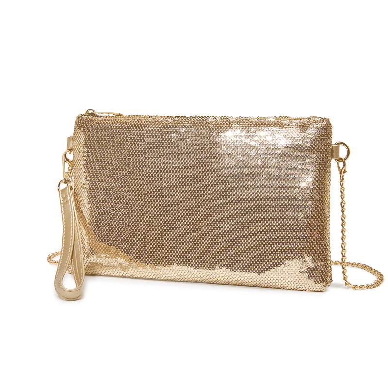 Miss Lulu Glanzende Sequin Avondtas & Clutch met Ketting - Licht-Gouden Feesttas voor Bruiloft of Feestje