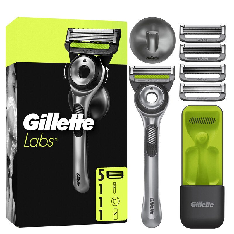 GilletteLabs mit Reinigungs-Element, Rasierer für Männer, 1 Handstück - 5 Klingen, beinhaltet Reiseetui für eine bequeme Aufbewahrung für unterwegs und eine Wandhalterung für eine einfache Aufbewahrung im Badezimmer